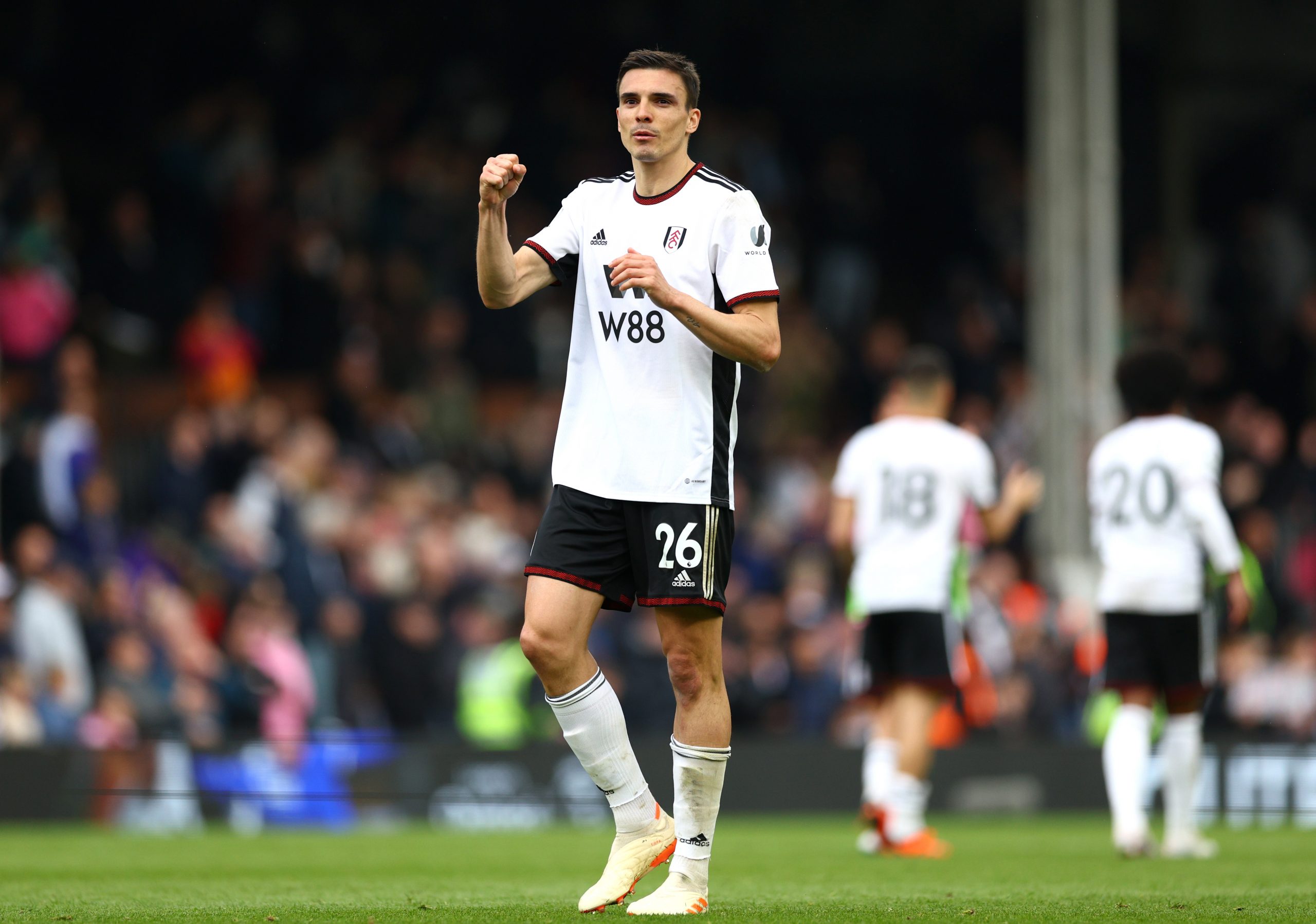 LONDON, ENGLAND - APRIL 22: Joao Palhinha of Fulham celebrates following the Premier League match between Fulham FC and Leeds United at Craven Cottage on April 22, 2023 in London, England. (Photo by Clive Rose/Getty Images)