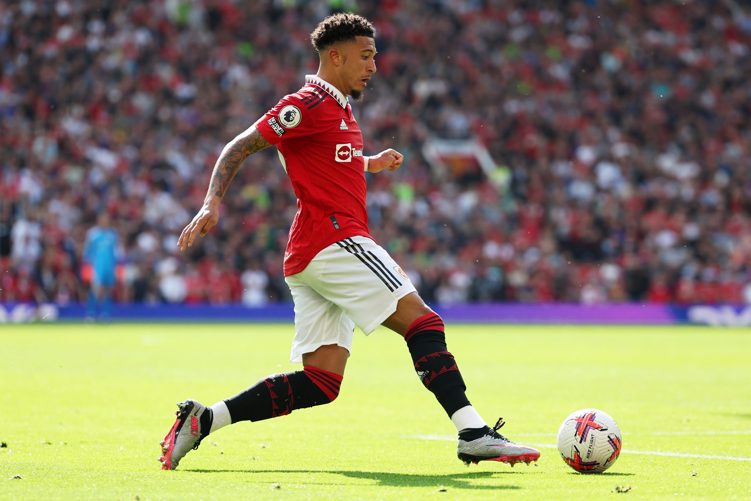 MANCHESTER, ENGLAND - MAY 28: Jadon Sancho of Manchester United during the Premier League match between Manchester United and Fulham FC at Old Trafford on May 28, 2023 in Manchester, England. (Photo by Matt McNulty/Getty Images)