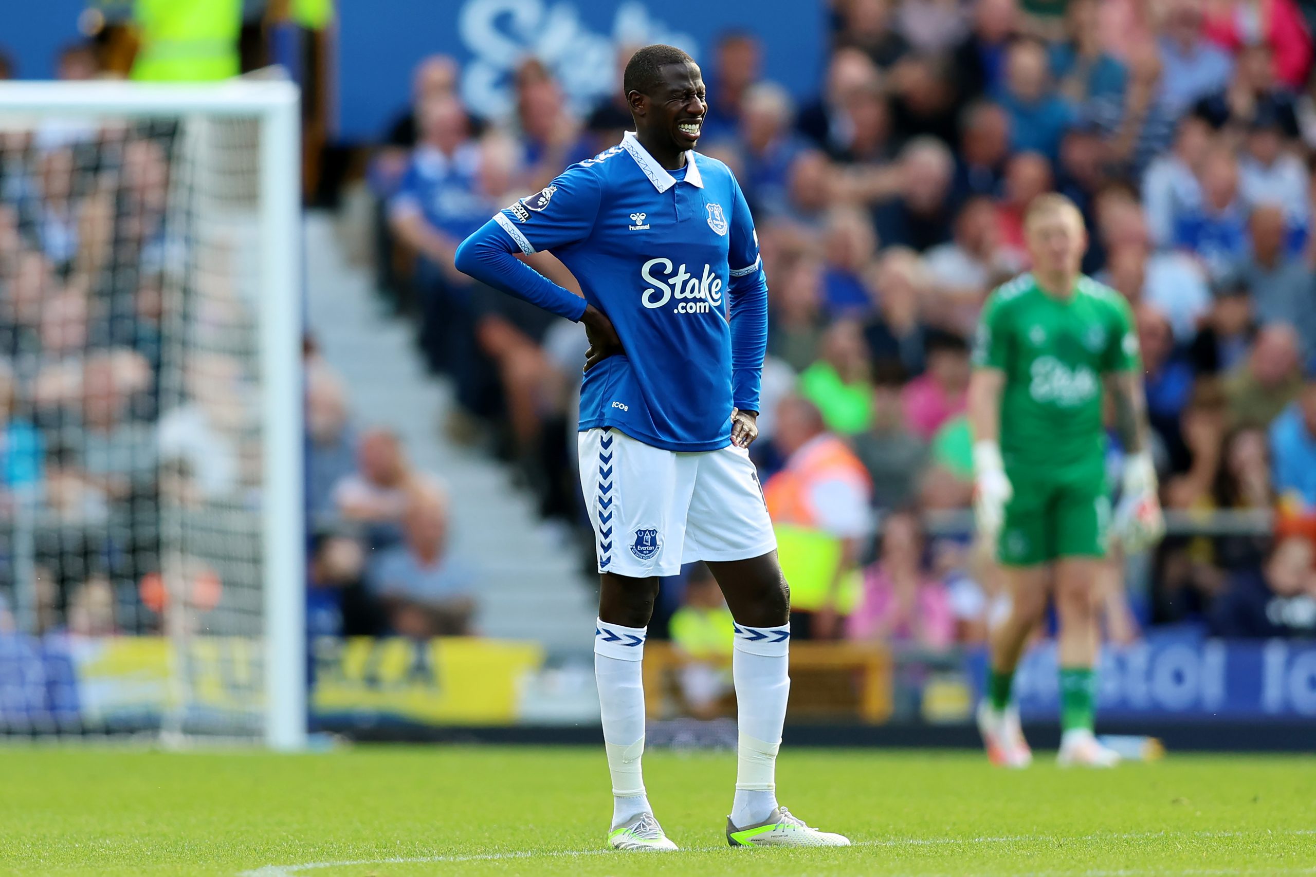 LIVERPOOL, ENGLAND - AUGUST 12: Abdoulaye Doucoure of Everton looks dejected after the team conceded the first goal during the Premier League match between Everton FC and Fulham FC at Goodison Park on August 12, 2023 in Liverpool, England. (Photo by Nathan Stirk/Getty Images)