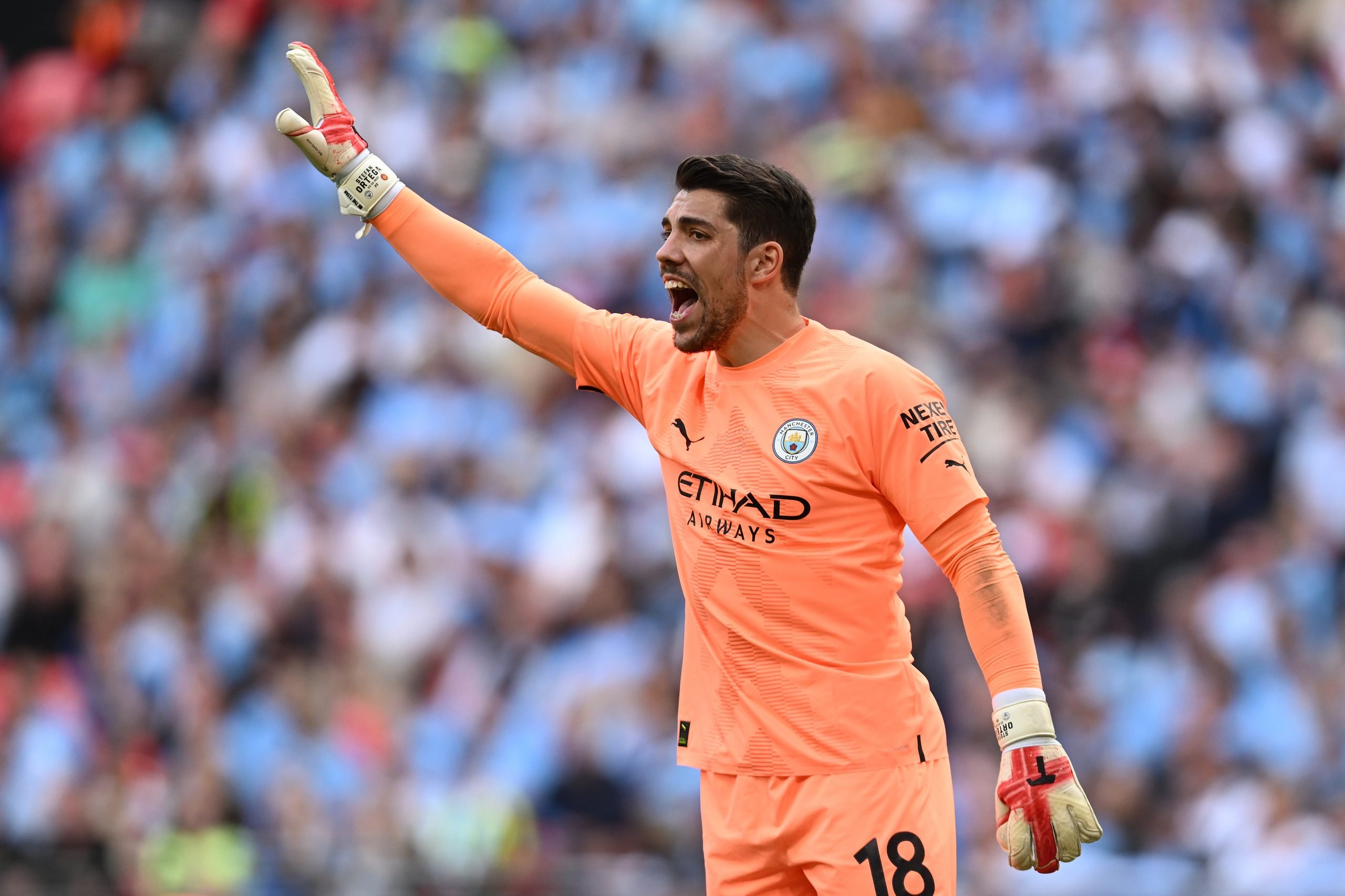 LONDON, ENGLAND - JUNE 03: Stefan Ortega of Manchester City in action during the Emirates FA Cup Final between Manchester City and Manchester United at Wembley Stadium on June 03, 2023 in London, England. (Photo by Mike Hewitt/Getty Images)