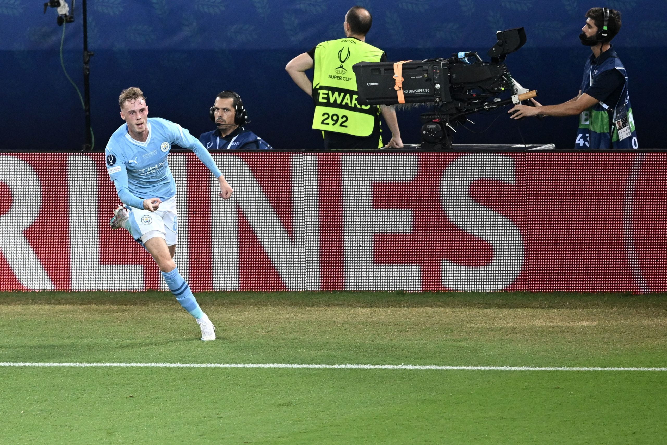 Manchester City's English midfielder #80 Cole Palmer celebrates scoring his team's first goal during the 2023 UEFA Super Cup football match between Manchester City and Sevilla at the Georgios Karaiskakis Stadium in Piraeus on August 16, 2023. (Photo by Angelos Tzortzinis / AFP) (Photo by ANGELOS TZORTZINIS/AFP via Getty Images)