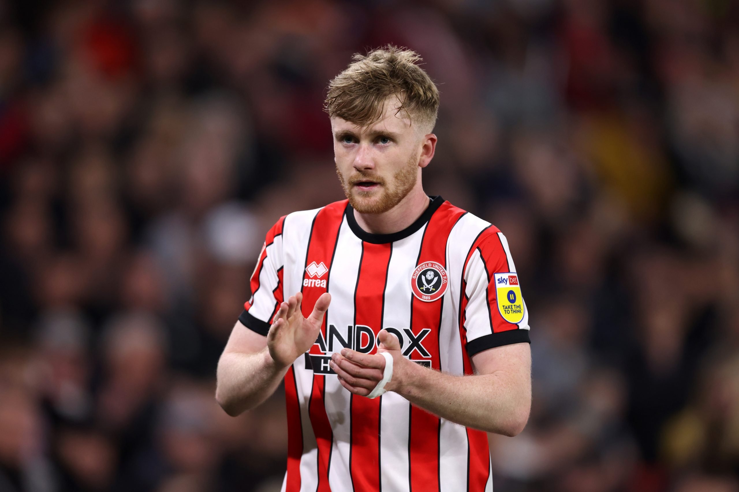 SHEFFIELD, ENGLAND - APRIL 26: Tommy Doyle of Sheffield United applauds the fans during the Sky Bet Championship between Sheffield United and West Bromwich Albion at Bramall Lane on April 26, 2023 in Sheffield, England. (Photo by George Wood/Getty Images)