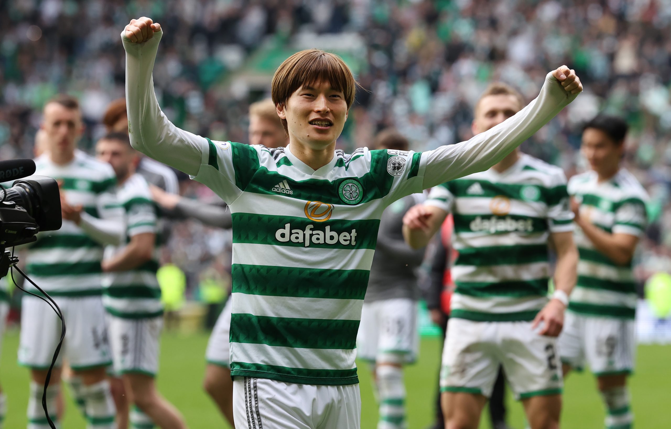 Celtic star Kyogo Furuhashi celebrates his goal versus Rangers