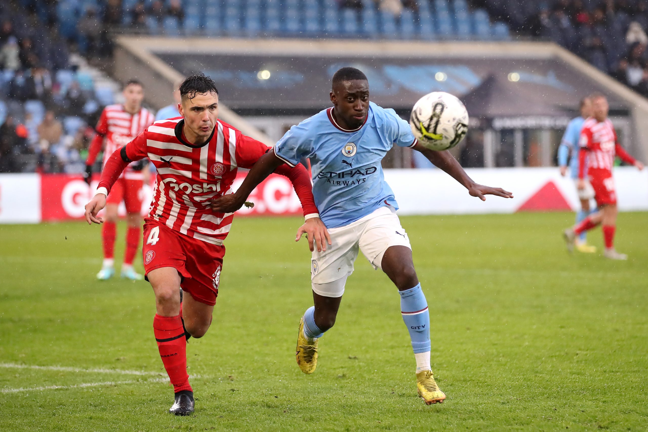 MANCHESTER, ENGLAND - DECEMBER 17: Carlos Borges of Manchester City in action during the friendly match between Manchester City and Girona at Manchester City Academy Stadium on December 17, 2022 in Manchester, England. (Photo by Jan Kruger/Getty Images)