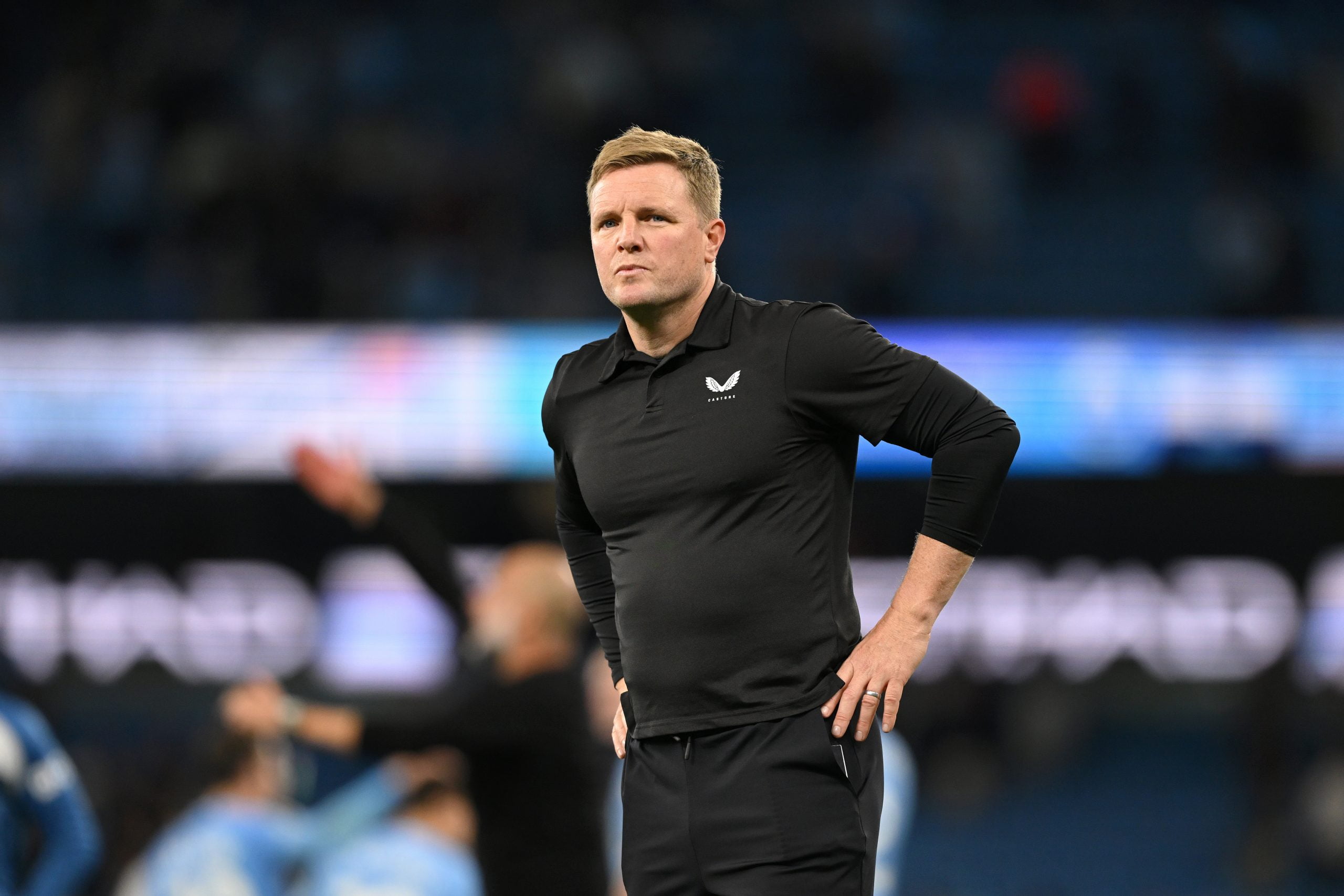 MANCHESTER, ENGLAND - AUGUST 19: Newcastle head coach Eddie Howe looks on after the Premier League match between Manchester City and Newcastle United at Etihad Stadium on August 19, 2023 in Manchester, England. (Photo by Stu Forster/Getty Images)