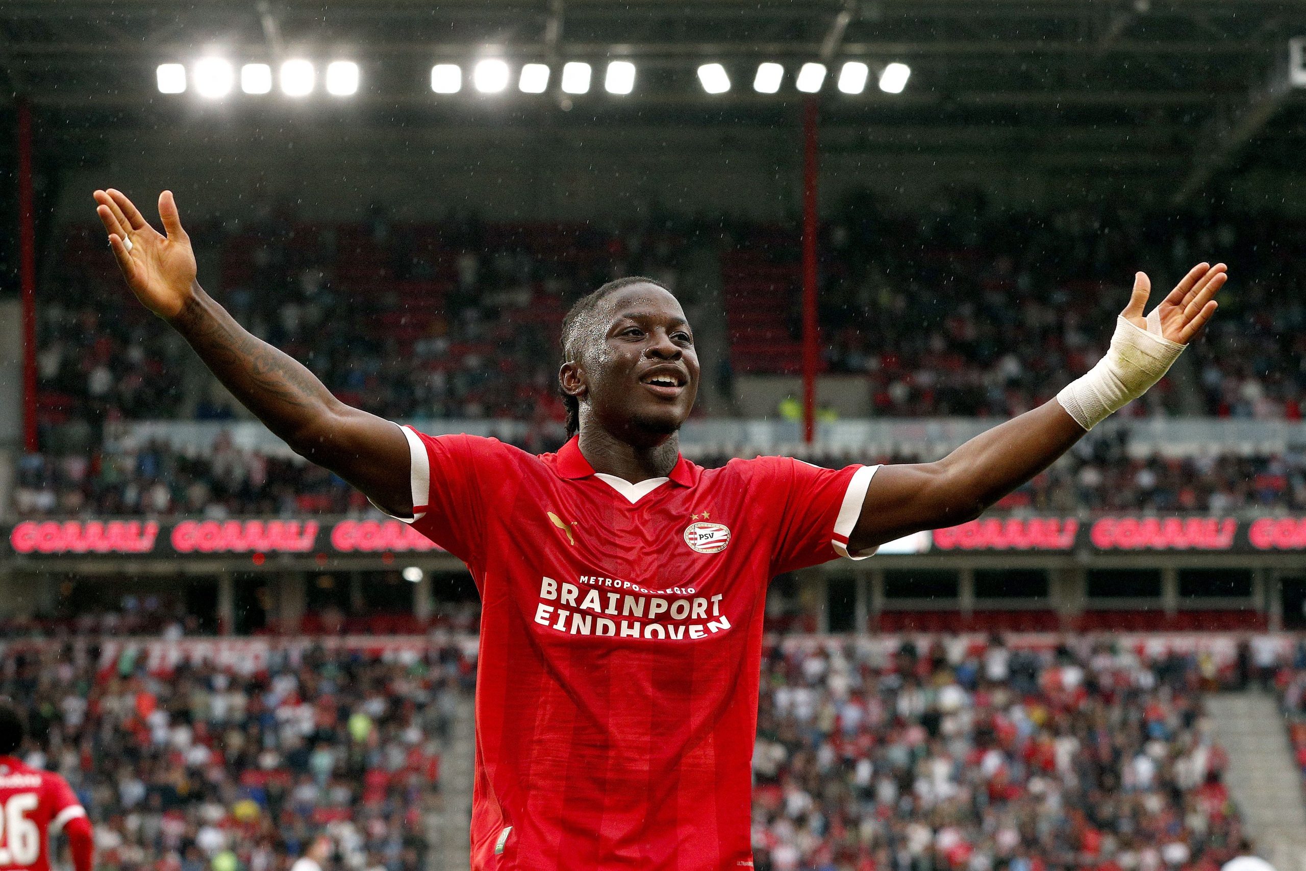 PSV's Belgian forward Johan Bakayoko celebrates after scoring the team's first goal during a friendly match between PSV Eindhoven and Nottingham Forest FC at Phillips stadium in Eindhoven, July 30, 2023. (Photo by Jeroen Putmans / ANP / AFP) / Netherlands OUT (Photo by JEROEN PUTMANS/ANP/AFP via Getty Images)