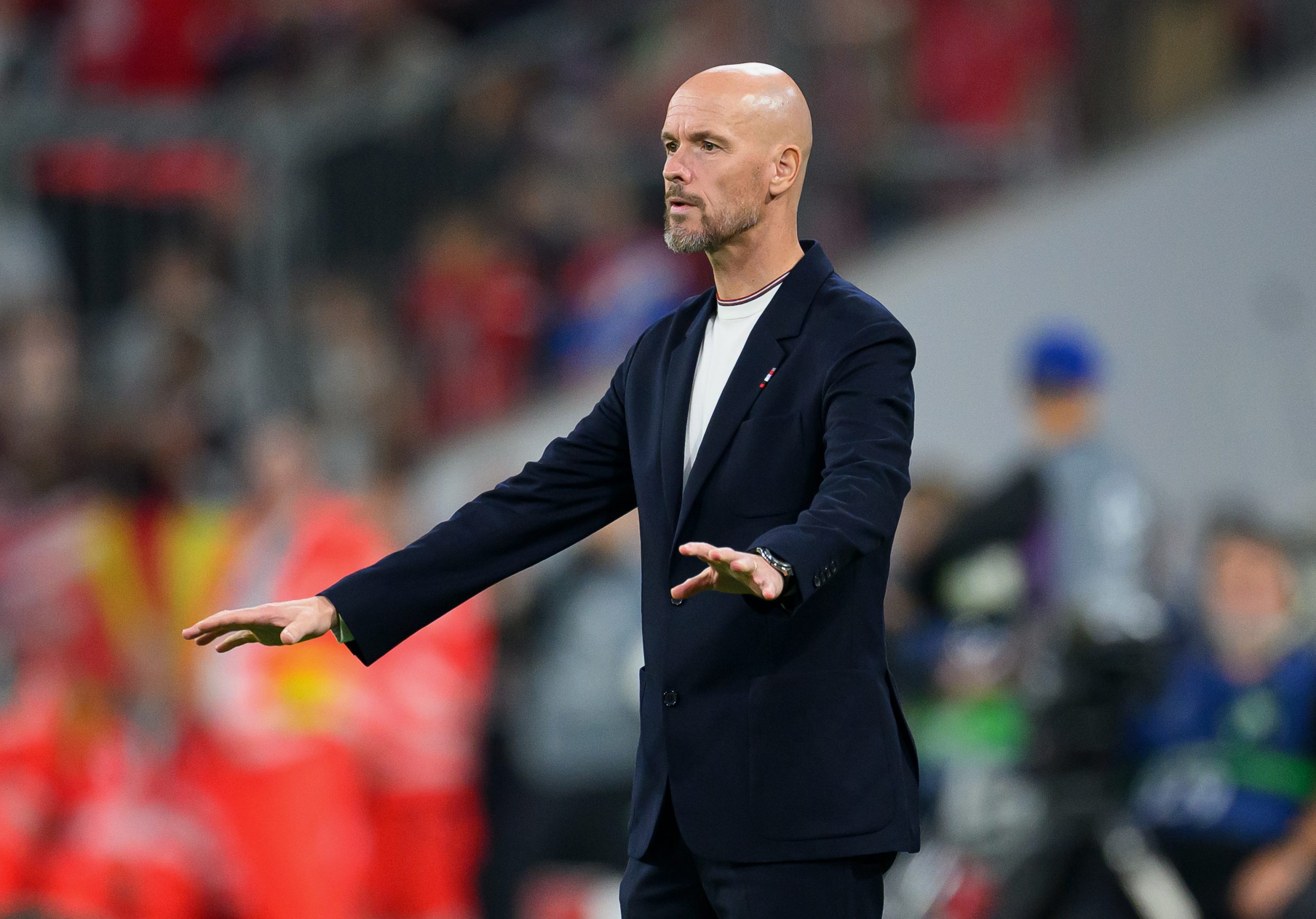 MUNICH, GERMANY - SEPTEMBER 20: Head coach Erik ten Hag of Manchester United gestures during the UEFA Champions League match between FC Bayern München and Manchester United at Allianz Arena on September 20, 2023 in Munich, Germany. (Photo by Matthias Hangst/Getty Images)