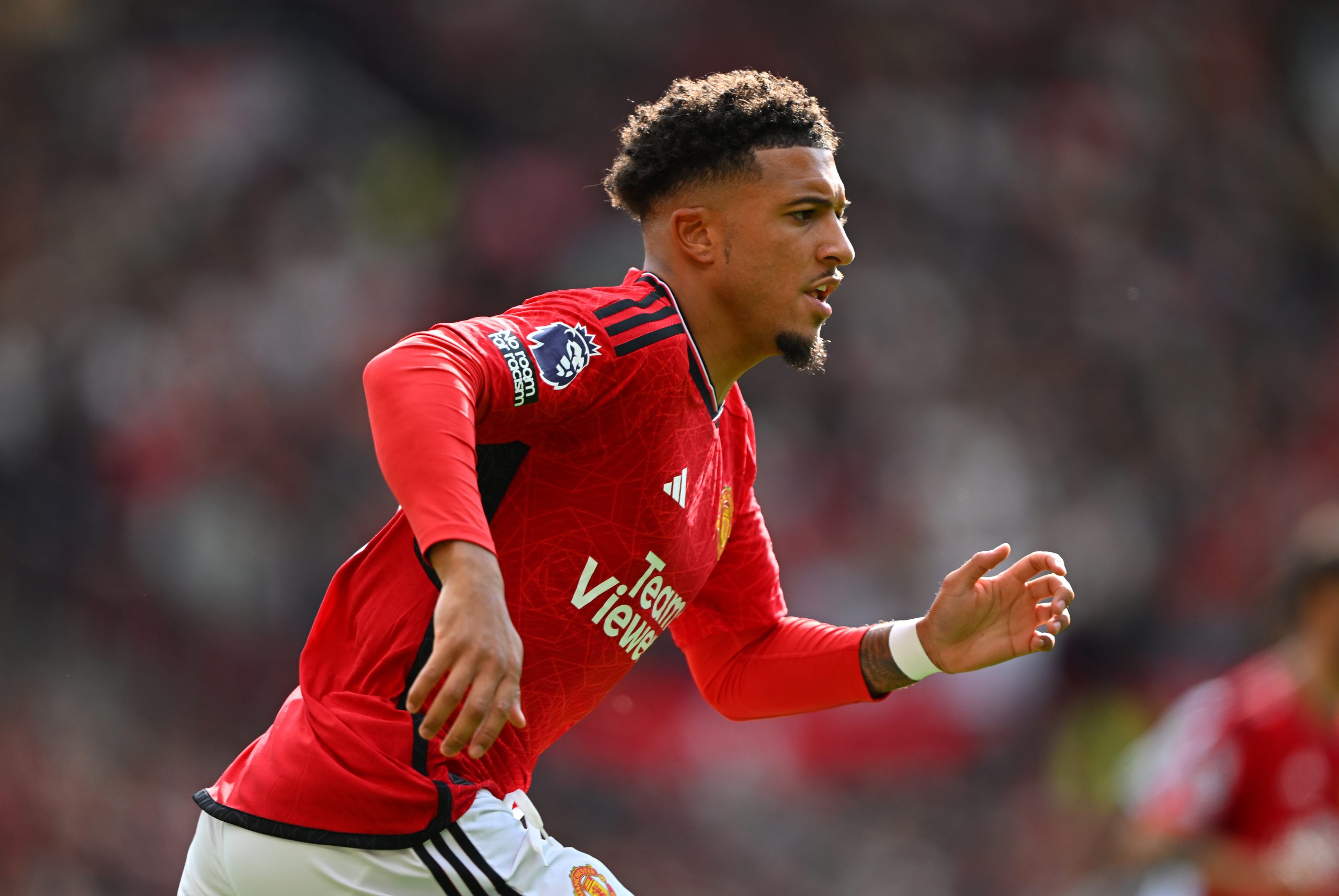 MANCHESTER, ENGLAND - AUGUST 26: Manchester United player Jadon Sancho in action during the Premier League match between Manchester United and Nottingham Forest at Old Trafford on August 26, 2023 in Manchester, England. (Photo by Stu Forster/Getty Images)