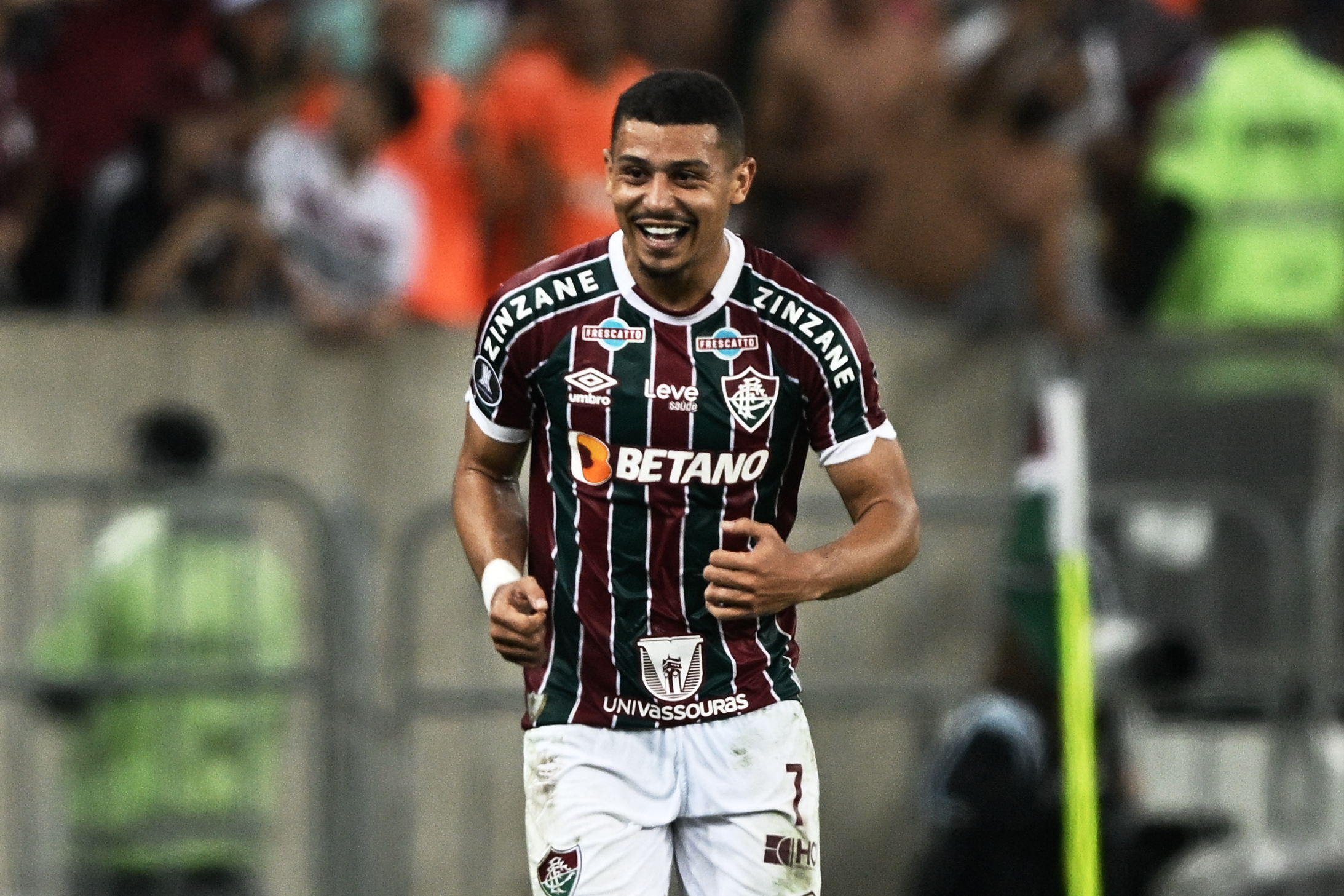Fluminense's midfielder Andre Trindade celebrates after scoring during the Copa Libertadores quarterfinals first leg football match between Brazil's Fluminense and Paraguay's Olimpia, at the Maracana stadium in Rio de Janeiro, Brazil, on August 24, 2023. (Photo by MAURO PIMENTEL / AFP) (Photo by MAURO PIMENTEL/AFP via Getty Images)