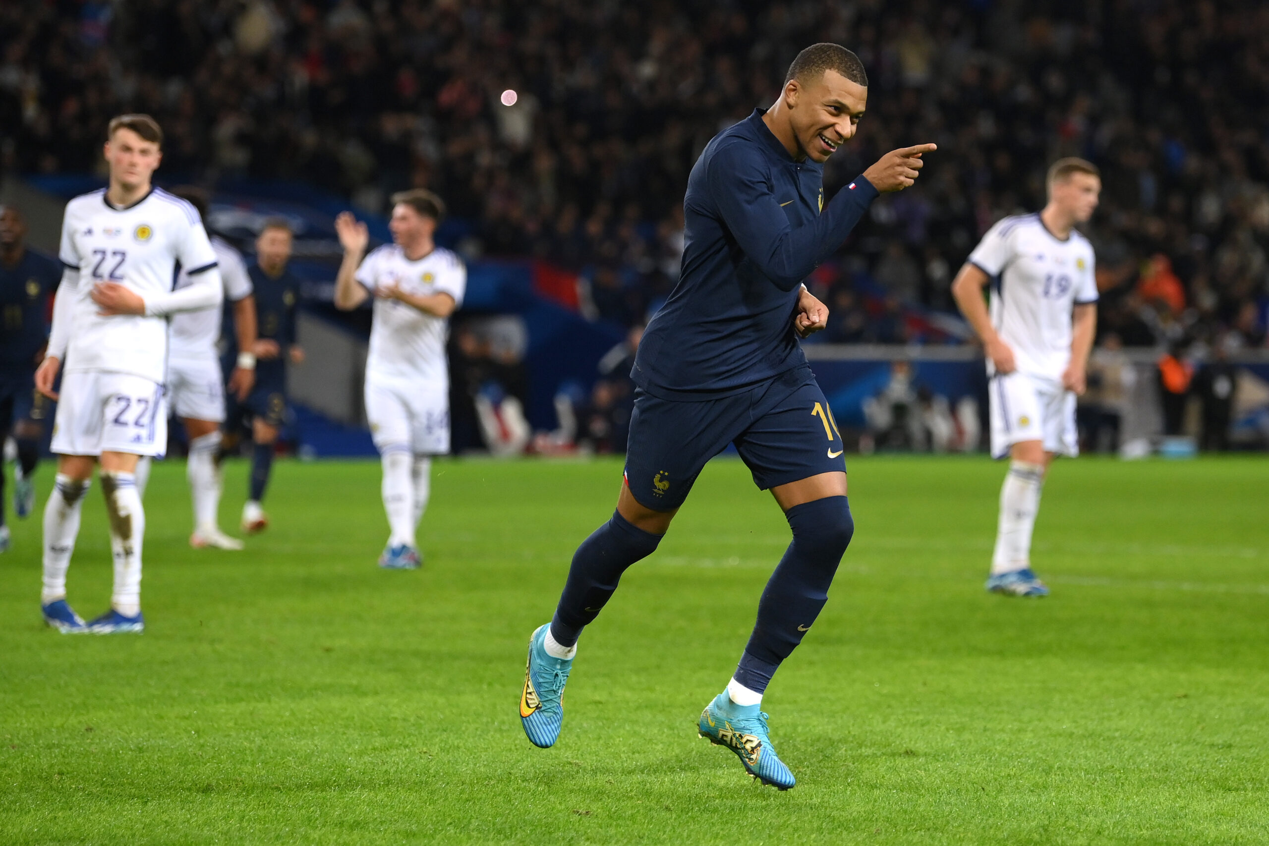 LILLE, FRANCE - OCTOBER 17: Kylian Mbappe of France celebrates after scoring during the International Friendly match between France and Scotland at Decathlon Arena on October 17, 2023 in Lille, France. (Photo by Mike Hewitt/Getty Images)