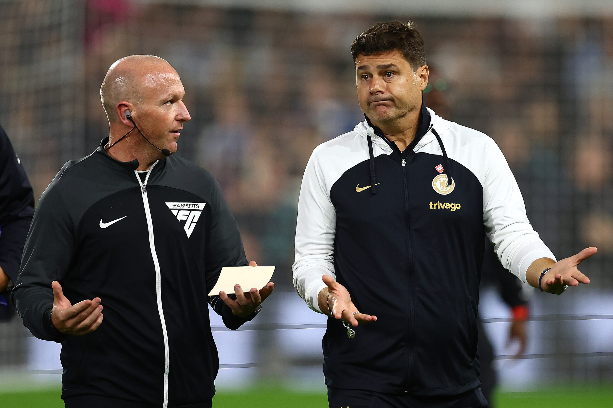 LONDON, ENGLAND - OCTOBER 02: Mauricio Pochettino, Manager of Chelsea, chats to Simon Hooper (l) ahead of the Premier League match between Fulham FC and Chelsea FC at Craven Cottage on October 02, 2023 in London, England. (Photo by Bryn Lennon/Getty Images)