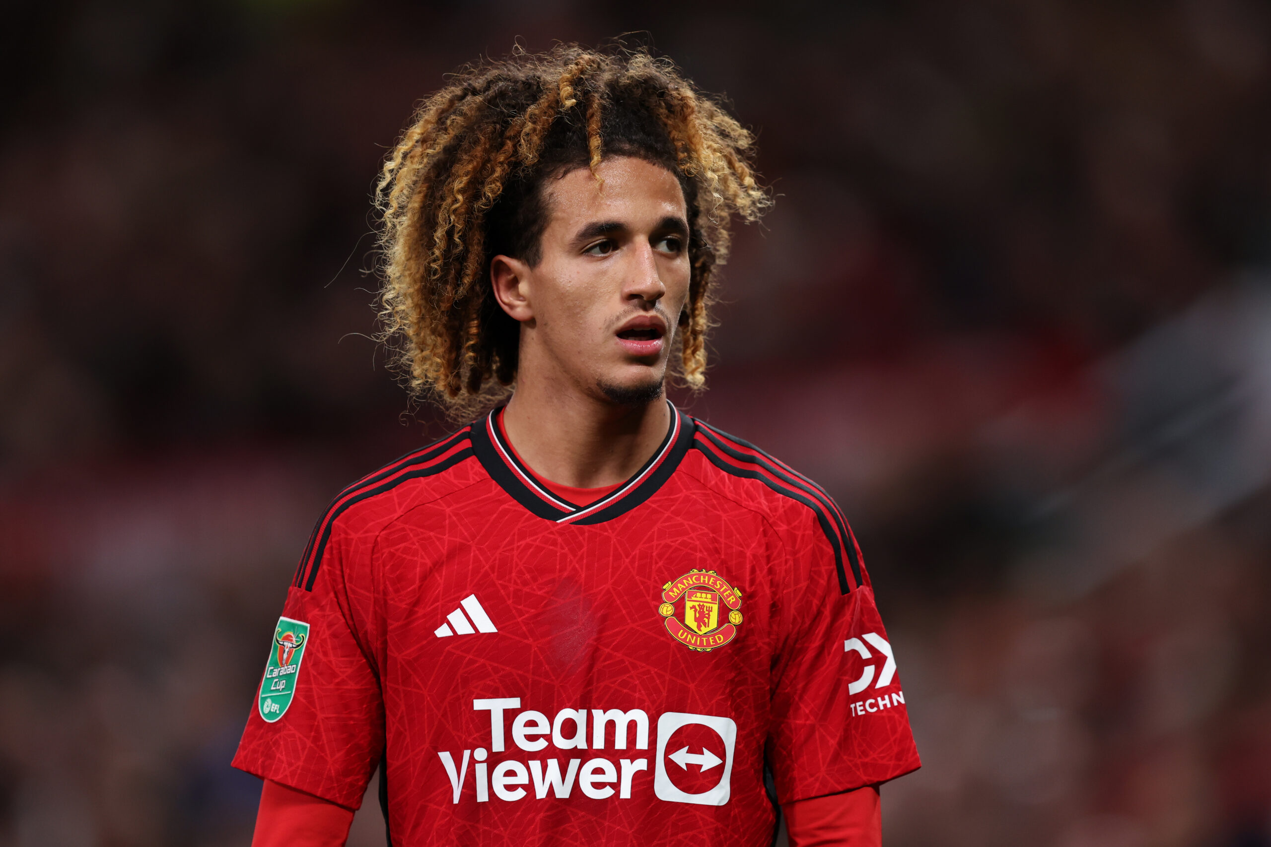 MANCHESTER, ENGLAND - SEPTEMBER 26: Hannibal Mejbri of Manchester United looks on during the Carabao Cup Third Round match between Manchester United and Crystal Palace at Old Trafford on September 26, 2023 in Manchester, England. (Photo by Matt McNulty/Getty Images)