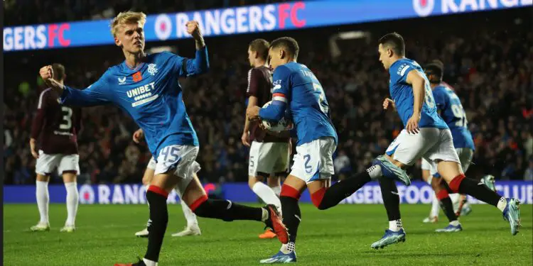 Rangers youngster Ross McCausland celebrates his team's goal against Hearts