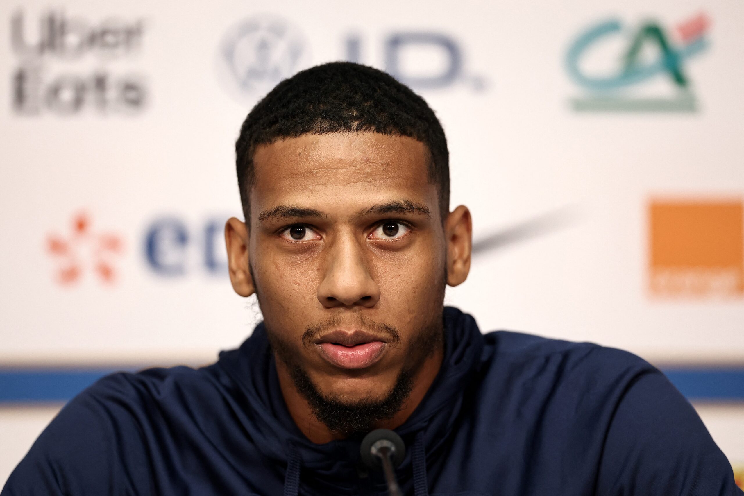 France's defender Jean Clair Todibo speaks during a press conference at Pierre-Mauroy stadium in Lille, northern France on October 16, 2023, on the eve of the friendly international football match between France and Scotland. (Photo by FRANCK FIFE / AFP) (Photo by FRANCK FIFE/AFP via Getty Images)