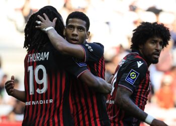Nice's French defender Jean-Clair Todibo (C)  embraces Nice's French midfielder Khephren Thuram (L) after the French L1 football match between OGC Nice and FC Rennes at the Allianz Riviera Stadium in Nice, south-eastern France, on May 6, 2023. (Photo by Valery HACHE / AFP) (Photo by VALERY HACHE/AFP via Getty Images)
