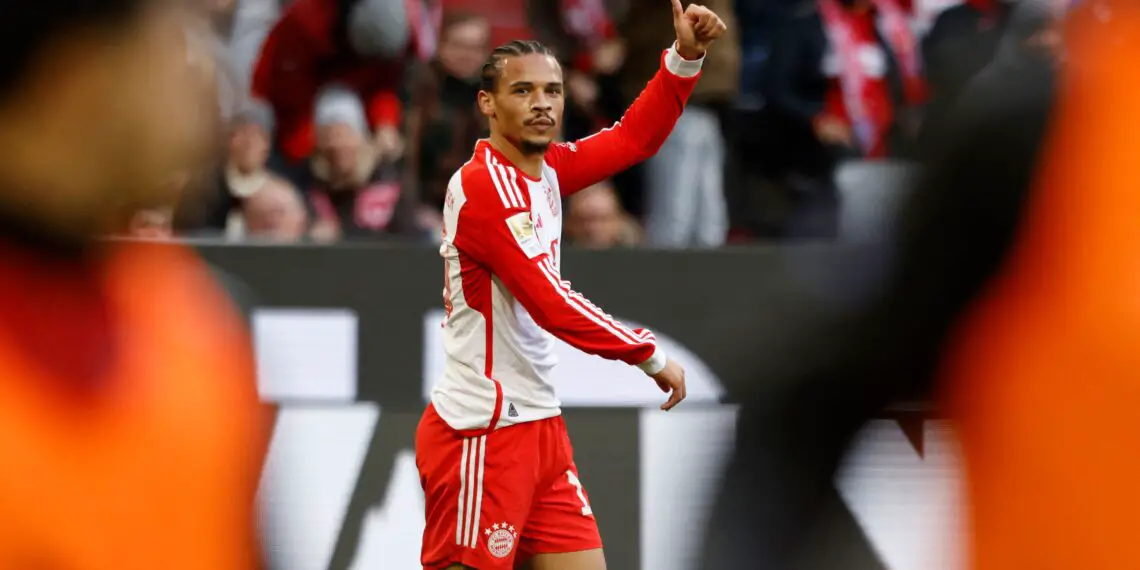 Bayern Munich's German forward #10 Leroy Sane reacts during the German first division Bundesliga football match FC Bayern Munich v 1 FC Heidenheim in Munich, southern Germany on November 11, 2023. (Photo by MICHAELA REHLE / AFP) / DFL REGULATIONS PROHIBIT ANY USE OF PHOTOGRAPHS AS IMAGE SEQUENCES AND/OR QUASI-VIDEO (Photo by MICHAELA REHLE/AFP via Getty Images)