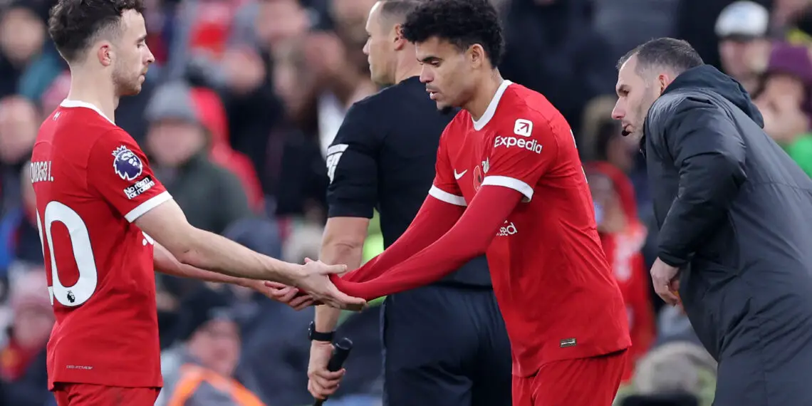 LIVERPOOL, ENGLAND - NOVEMBER 12: Diogo Jota of Liverpool is substituted off for Luis Diaz of Liverpool during the Premier League match between Liverpool FC and Brentford FC at Anfield on November 12, 2023 in Liverpool, England. (Photo by Alex Livesey/Getty Images)