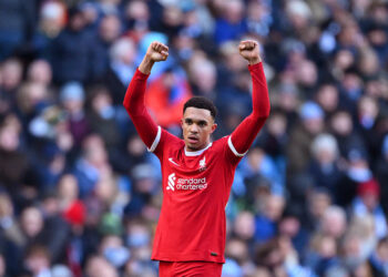 MANCHESTER, ENGLAND - NOVEMBER 25: Trent Alexander-Arnold of Liverpool celebrates after scoring the team's first goal  during the Premier League match between Manchester City and Liverpool FC at Etihad Stadium on November 25, 2023 in Manchester, England. (Photo by Shaun Botterill/Getty Images)