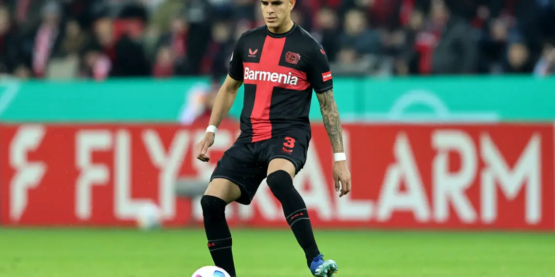 LEVERKUSEN, GERMANY - DECEMBER 06: Piero Hincapie of Leverkusen runs with the ball during the DFB cup round of 16 match between Bayer 04 Leverkusen and SC Paderborn 07 at BayArena on December 06, 2023 in Leverkusen, Germany. (Photo by Christof Koepsel/Getty Images)