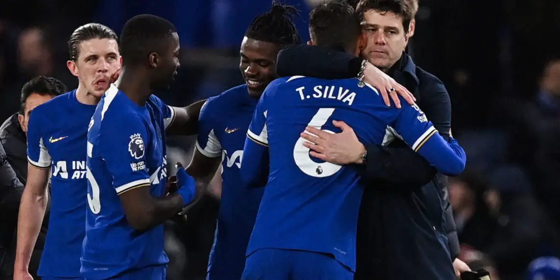 Chelsea's Argentinian head coach Mauricio Pochettino (R) hugs Chelsea's Brazilian defender #06 Thiago Silva at the end of the English Premier League football match between Chelsea and Crystal Palace at Stamford Bridge in London on December 27, 2023. Chelsea wins 2 - 1 against Crystal Palace. (Photo by Glyn KIRK / AFP) / RESTRICTED TO EDITORIAL USE. No use with unauthorized audio, video, data, fixture lists, club/league logos or 'live' services. Online in-match use limited to 120 images. An additional 40 images may be used in extra time. No video emulation. Social media in-match use limited to 120 images. An additional 40 images may be used in extra time. No use in betting publications, games or single club/league/player publications. /  (Photo by GLYN KIRK/AFP via Getty Images)