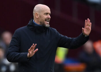 Manchester United's Dutch manager Erik ten Hag gestures on the touchline during the English Premier League football match between West Ham United and Manchester United at the London Stadium, in London on December 23, 2023. (Photo by Ben Stansall / AFP) / RESTRICTED TO EDITORIAL USE. No use with unauthorized audio, video, data, fixture lists, club/league logos or 'live' services. Online in-match use limited to 120 images. An additional 40 images may be used in extra time. No video emulation. Social media in-match use limited to 120 images. An additional 40 images may be used in extra time. No use in betting publications, games or single club/league/player publications. /  (Photo by BEN STANSALL/AFP via Getty Images)
