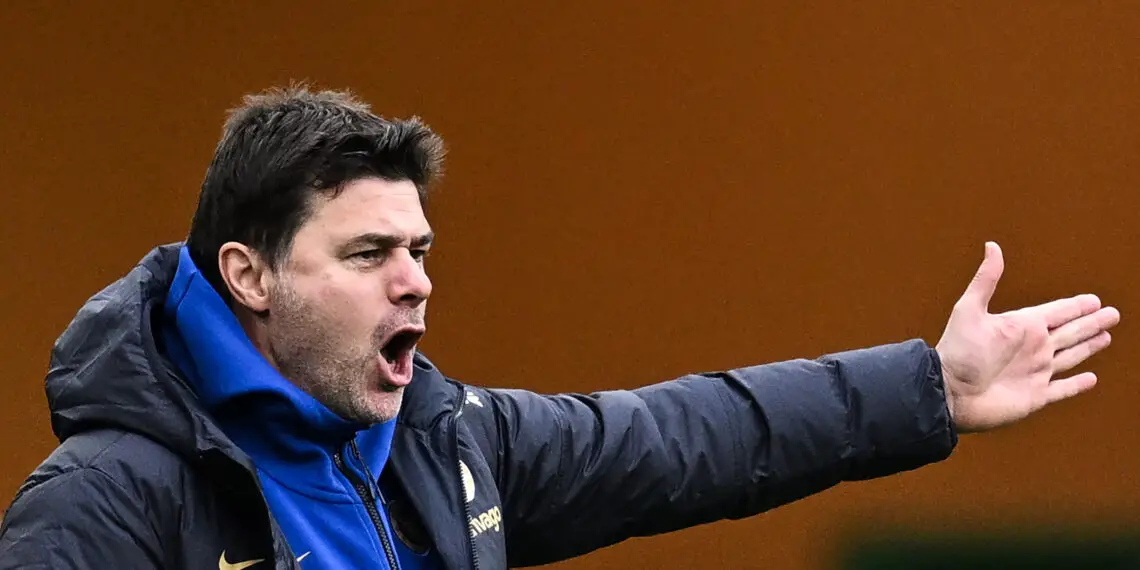 Chelsea's Argentinian head coach Mauricio Pochettino reacts during the English Premier League football match between Wolverhampton Wanderers and Chelsea at the Molineux stadium in Wolverhampton, central England on December 24, 2023. (Photo by Paul ELLIS / AFP) / RESTRICTED TO EDITORIAL USE. No use with unauthorized audio, video, data, fixture lists, club/league logos or 'live' services. Online in-match use limited to 120 images. An additional 40 images may be used in extra time. No video emulation. Social media in-match use limited to 120 images. An additional 40 images may be used in extra time. No use in betting publications, games or single club/league/player publications. /  (Photo by PAUL ELLIS/AFP via Getty Images)