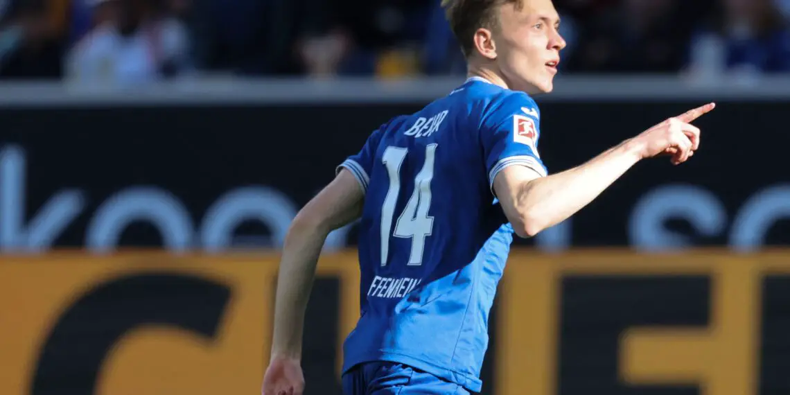Hoffenheim's German forward #14 Maximilian Beier celebrates scoring a goal during the German first division Bundesliga football match between TSG 1899 Hoffenheim and Eintracht Frankfurt in Sinsheim, southwestern Germany on October 21, 2023. (Photo by Daniel ROLAND / AFP) / DFL REGULATIONS PROHIBIT ANY USE OF PHOTOGRAPHS AS IMAGE SEQUENCES AND/OR QUASI-VIDEO (Photo by DANIEL ROLAND/AFP via Getty Images)