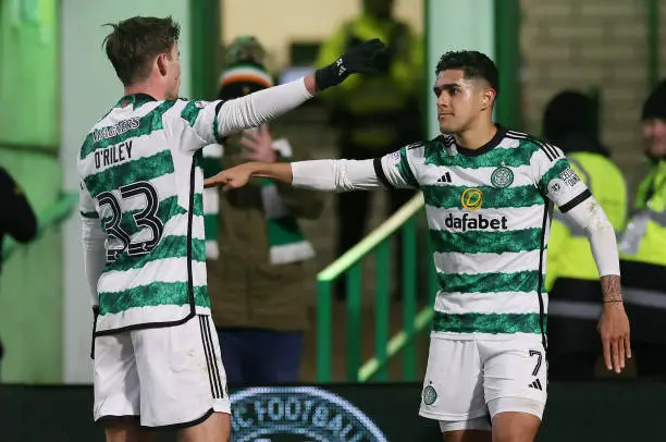Celtic star Matt O'Riley celebrates his goal with Luis Palma