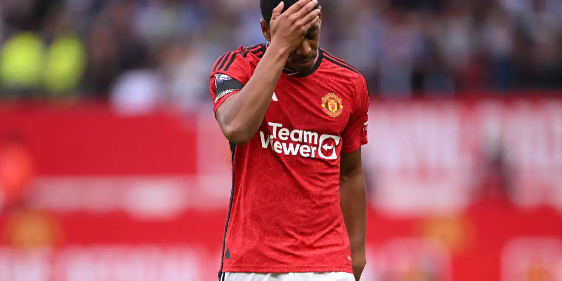 MANCHESTER, ENGLAND - SEPTEMBER 16: Anthony Martial of Manchester United looks dejected following defeat after the Premier League match between Manchester United and Brighton & Hove Albion at Old Trafford on September 16, 2023 in Manchester, England. (Photo by Michael Regan/Getty Images)