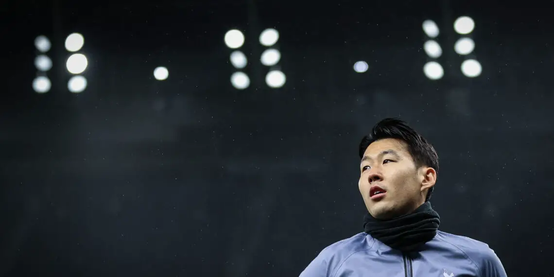 LONDON, ENGLAND - DECEMBER 07: Heung-Min Son of Tottenham Hotspur warms up during the Premier League match between Tottenham Hotspur and West Ham United at Tottenham Hotspur Stadium on December 07, 2023 in London, England. (Photo by Ryan Pierse/Getty Images)