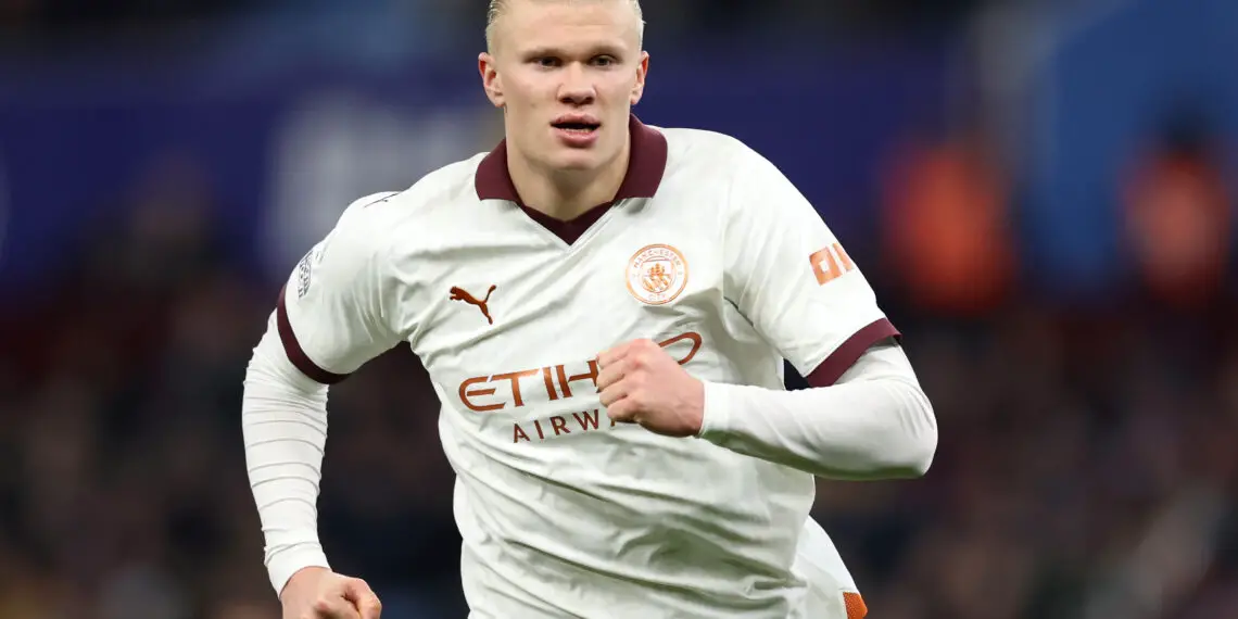 BIRMINGHAM, ENGLAND - DECEMBER 06: Erling Haaland of Manchester City during the Premier League match between Aston Villa and Manchester City at Villa Park on December 06, 2023 in Birmingham, England. (Photo by Catherine Ivill/Getty Images)