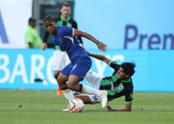 PHILADELPHIA, PENNSYLVANIA - JULY 22: Andrey Santos #39 of Chelsea and Mahmoud Dahoud #8 of Brighton & Hove Albion fight for the ball during the first half of the pre season friendly match at Lincoln Financial Field on July 22, 2023 in Philadelphia, Pennsylvania. (Photo by Tim Nwachukwu/Getty Images)