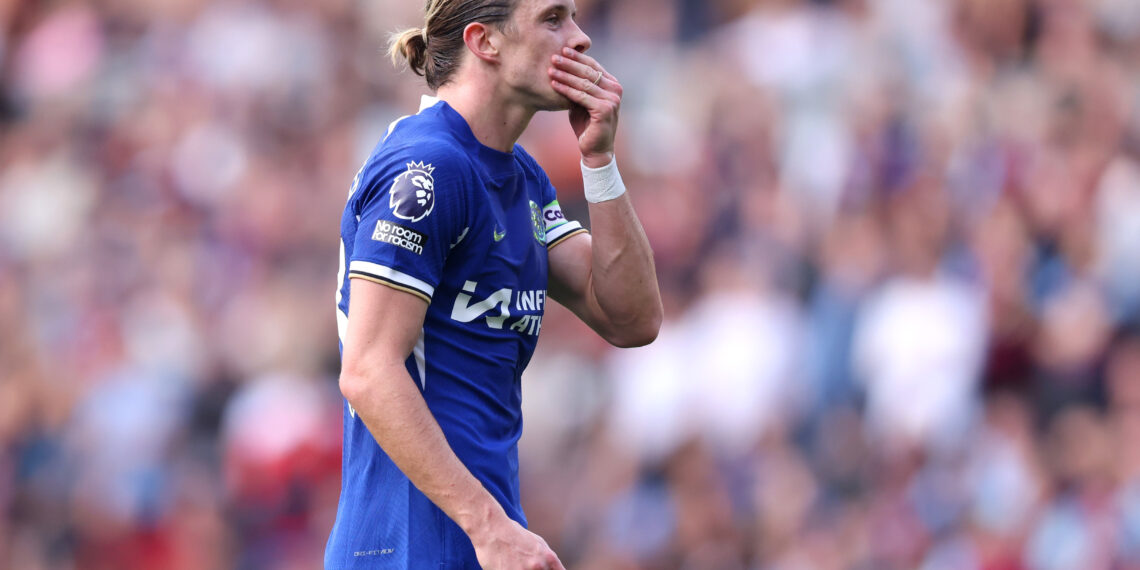 BURNLEY, ENGLAND - OCTOBER 07: Conor Gallagher of Chelsea reacts during the Premier League match between Burnley FC and Chelsea FC at Turf Moor on October 07, 2023 in Burnley, England. (Photo by George Wood/Getty Images)
