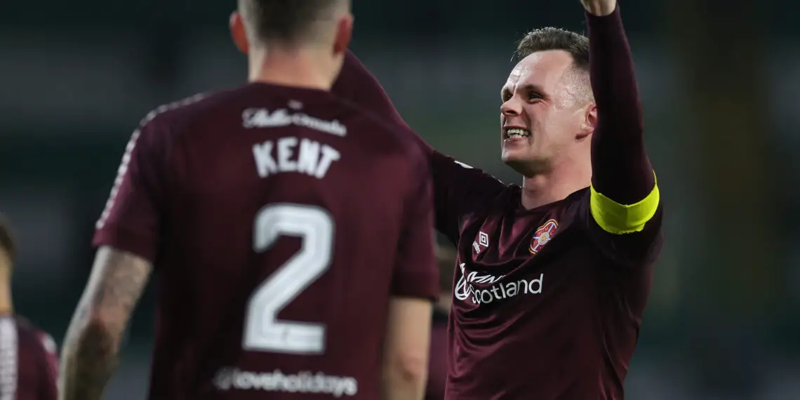 GLASGOW, SCOTLAND - DECEMBER 16: Lawrence Shankland of Hearts celebrates at full time during the Cinch Scottish Premiership match between Celtic FC and Heart of Midlothian at Celtic Park Stadium on December 16, 2023 in Glasgow, Scotland. (Photo by Ian MacNicol/Getty Images)