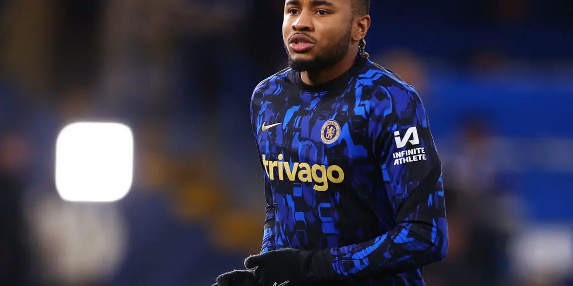 LONDON, ENGLAND - DECEMBER 27: Christopher Nkunku of Chelsea looks on during the warm up prior to the Premier League match between Chelsea FC and Crystal Palace at Stamford Bridge on December 27, 2023 in London, England. (Photo by Clive Rose/Getty Images)