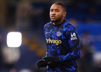 LONDON, ENGLAND - DECEMBER 27: Christopher Nkunku of Chelsea looks on during the warm up prior to the Premier League match between Chelsea FC and Crystal Palace at Stamford Bridge on December 27, 2023 in London, England. (Photo by Clive Rose/Getty Images)