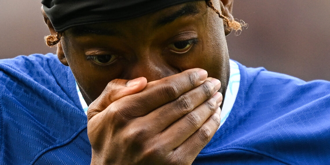 Chelsea's English striker Noni Madueke reacts during the English Premier League football match between Chelsea and Newcastle United at Stamford Bridge in London on May 28, 2023. (Photo by JUSTIN TALLIS / AFP) / RESTRICTED TO EDITORIAL USE. No use with unauthorized audio, video, data, fixture lists, club/league logos or 'live' services. Online in-match use limited to 120 images. An additional 40 images may be used in extra time. No video emulation. Social media in-match use limited to 120 images. An additional 40 images may be used in extra time. No use in betting publications, games or single club/league/player publications. /  (Photo by JUSTIN TALLIS/AFP via Getty Images)