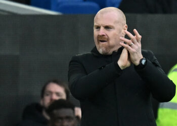 Everton's English manager Sean Dyche gestures on the touchline during the English Premier League football match between Everton and Aston Villa at Goodison Park in Liverpool, north west England on January 14, 2024. (Photo by Paul ELLIS / AFP) / RESTRICTED TO EDITORIAL USE. No use with unauthorized audio, video, data, fixture lists, club/league logos or 'live' services. Online in-match use limited to 120 images. An additional 40 images may be used in extra time. No video emulation. Social media in-match use limited to 120 images. An additional 40 images may be used in extra time. No use in betting publications, games or single club/league/player publications. /  (Photo by PAUL ELLIS/AFP via Getty Images)