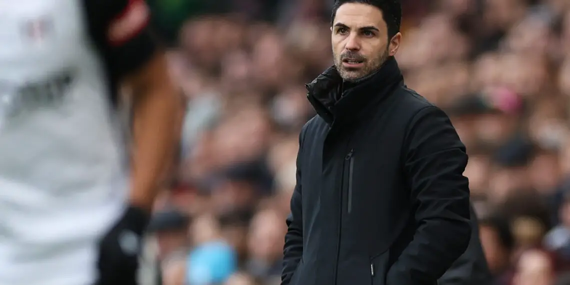 Arsenal's Spanish manager Mikel Arteta looks on during the English Premier League football match between Fulham and Arsenal at Craven Cottage in London on December 31, 2023. (Photo by Adrian DENNIS / AFP) / RESTRICTED TO EDITORIAL USE. No use with unauthorized audio, video, data, fixture lists, club/league logos or 'live' services. Online in-match use limited to 120 images. An additional 40 images may be used in extra time. No video emulation. Social media in-match use limited to 120 images. An additional 40 images may be used in extra time. No use in betting publications, games or single club/league/player publications. /  (Photo by ADRIAN DENNIS/AFP via Getty Images)