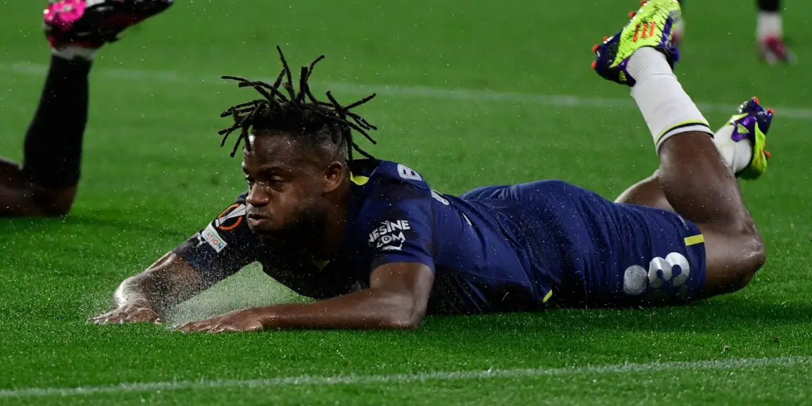 Fenerbahce's Belgian forward Michy Batshuayi falls down during the UEFA Europa League last 16 first leg football match between Sevilla FC and Fenerbahce SK at the Ramon Sanchez-Pizjuan stadium in Seville on March 9, 2023. (Photo by CRISTINA QUICLER / AFP) (Photo by CRISTINA QUICLER/AFP via Getty Images)