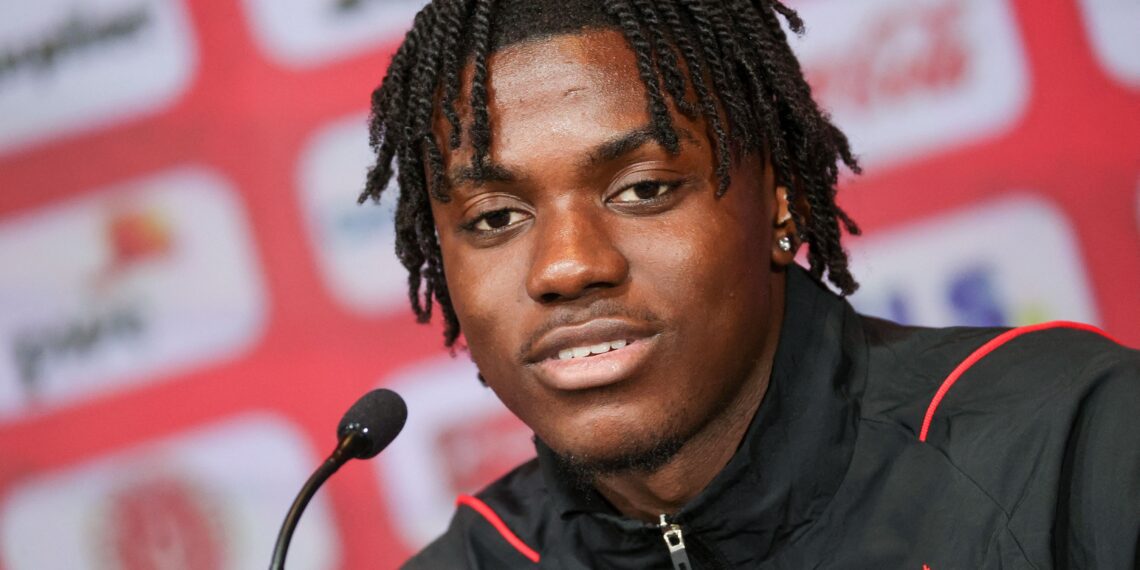 Belgium's midfielder Romeo Lavia attends a press conference of Belgian national team at the Royal Belgian Football Association headquarters in Tubize on March 22, 2023, ahead of their upcoming UEFA Euro 2024 football tournament qualifying matches against Sweden. (Photo by VIRGINIE LEFOUR / Belga / AFP) / Belgium OUT (Photo by VIRGINIE LEFOUR/Belga/AFP via Getty Images)