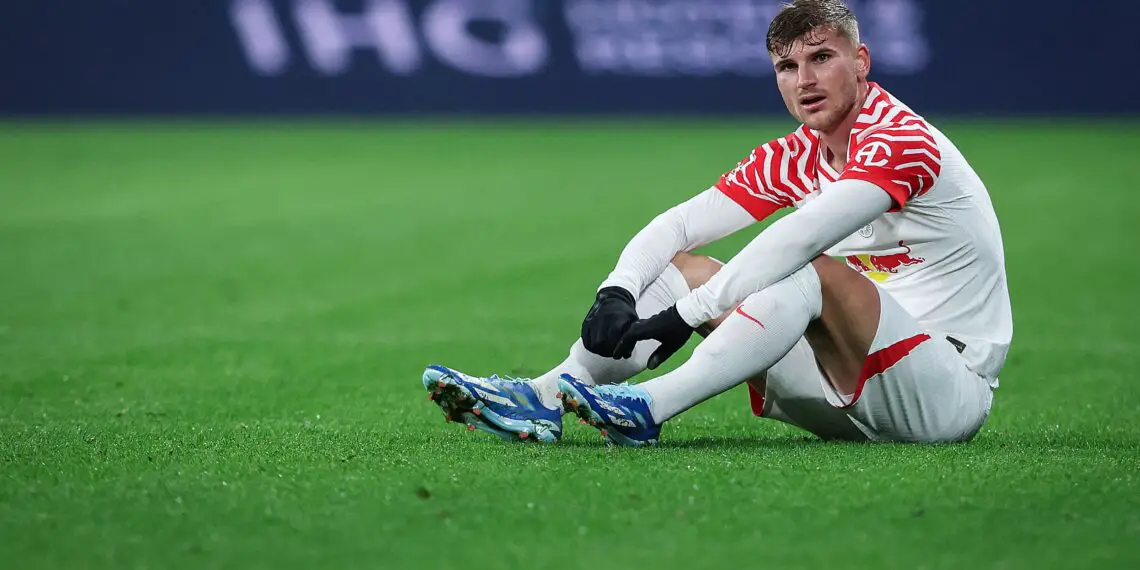 Leipzig's German forward #11 Timo Werner sits on the pitch during the German first division Bundesliga football match between RB Leipzig and FC Cologne in Leipzig, eastern Germany on October 28, 2023. (Photo by Ronny Hartmann / AFP) / DFL REGULATIONS PROHIBIT ANY USE OF PHOTOGRAPHS AS IMAGE SEQUENCES AND/OR QUASI-VIDEO (Photo by RONNY HARTMANN/AFP via Getty Images)