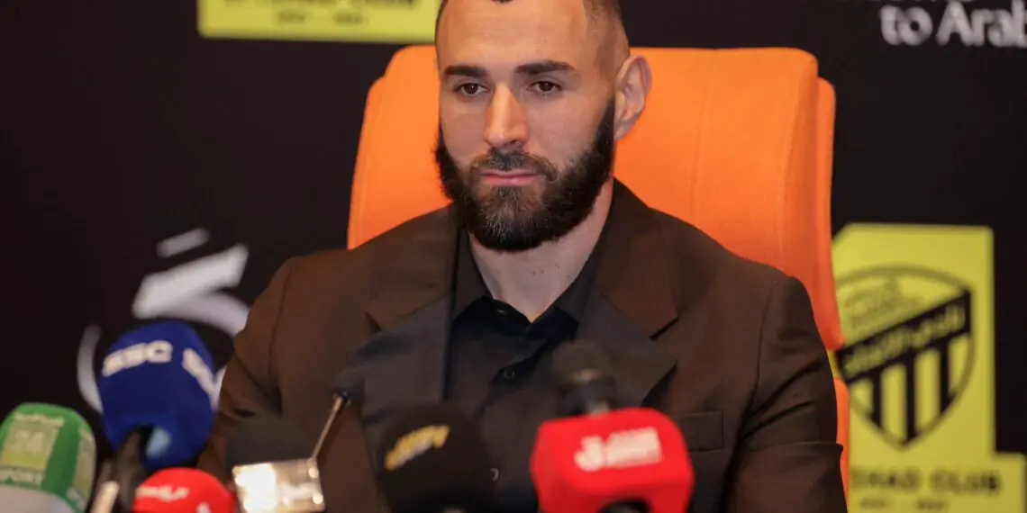 Former Real Madrid striker Karim Benzema, gives a press conference at King Abdullah Sports City stadium in Jeddah, on June 8, 2023. Benzema was unveiled as an Al-Ittihad player in front of thousands of fans in Saudi Arabia on June 8, a day after the oil-rich kingdom just failed to reel in Lionel Messi. (Photo by AFP) (Photo by -/AFP via Getty Images)
