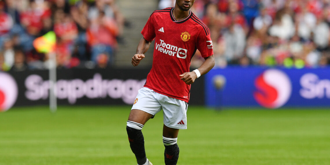 EDINBURGH, SCOTLAND - JULY 19: Amad Diallo of Manchester United in action during the pre-season friendly match between Manchester United and Olympique Lyonnais at BT Murrayfield Stadium on July 19, 2023 in Edinburgh, Scotland. (Photo by Mark Runnacles/Getty Images)