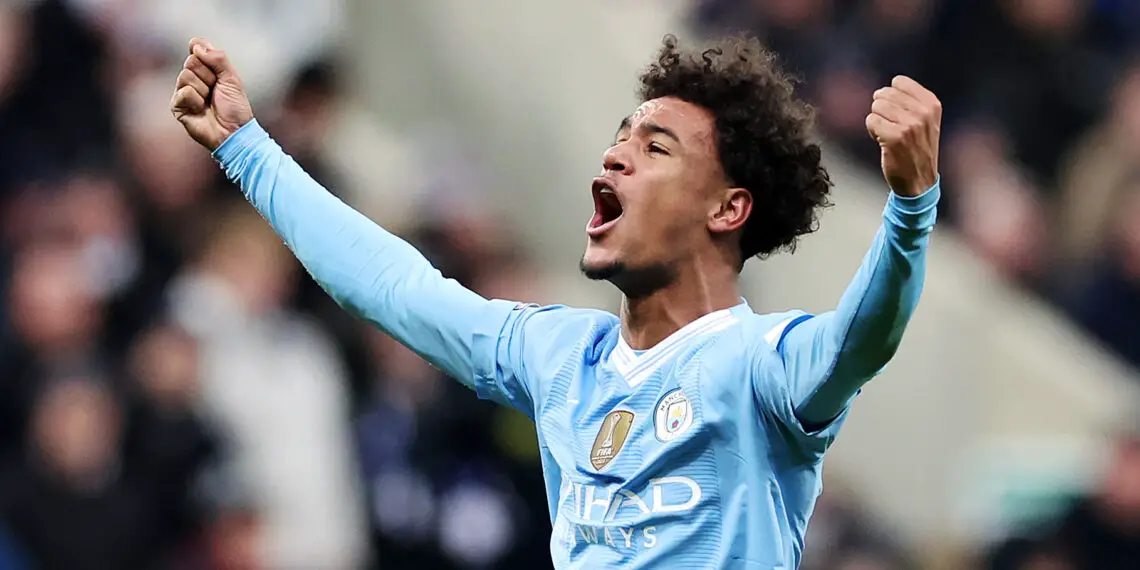 NEWCASTLE UPON TYNE, ENGLAND - JANUARY 13: Oscar Bobb of Manchester City celebrates after the team's victory in the Premier League match between Newcastle United and Manchester City at St. James Park on January 13, 2024 in Newcastle upon Tyne, England. (Photo by Alex Livesey/Getty Images)