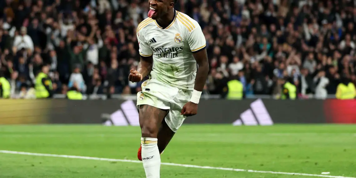 MADRID, SPAIN - JANUARY 21: Vinicius Junior of Real Madrid celebrates scoring his team's second goal during the LaLiga EA Sports match between Real Madrid CF and UD Almeria at Estadio Santiago Bernabeu on January 21, 2024 in Madrid, Spain. (Photo by Florencia Tan Jun/Getty Images)