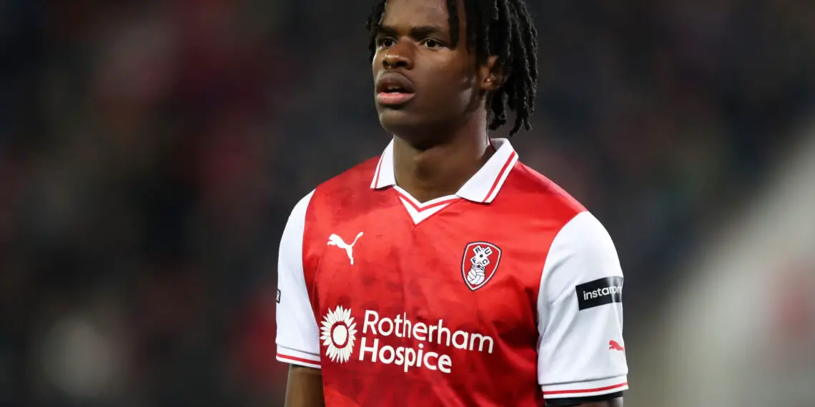 ROTHERHAM, ENGLAND - OCTOBER 25: Dexter Lembikisa of Rotherham United looks on during the Sky Bet Championship match between Rotherham United and Coventry City at AESSEAL New York Stadium on October 25, 2023 in Rotherham, England. (Photo by Jess Hornby/Getty Images)