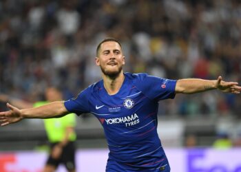 TOPSHOT - Chelsea's Belgian midfielder Eden Hazard celebrates after scoring a goal during the UEFA Europa League final football match between Chelsea FC and Arsenal FC at the Baku Olympic Stadium in Baku, Azerbaijian, on May 29, 2019. (Photo by Kirill KUDRYAVTSEV / AFP)        (Photo credit should read KIRILL KUDRYAVTSEV/AFP via Getty Images)