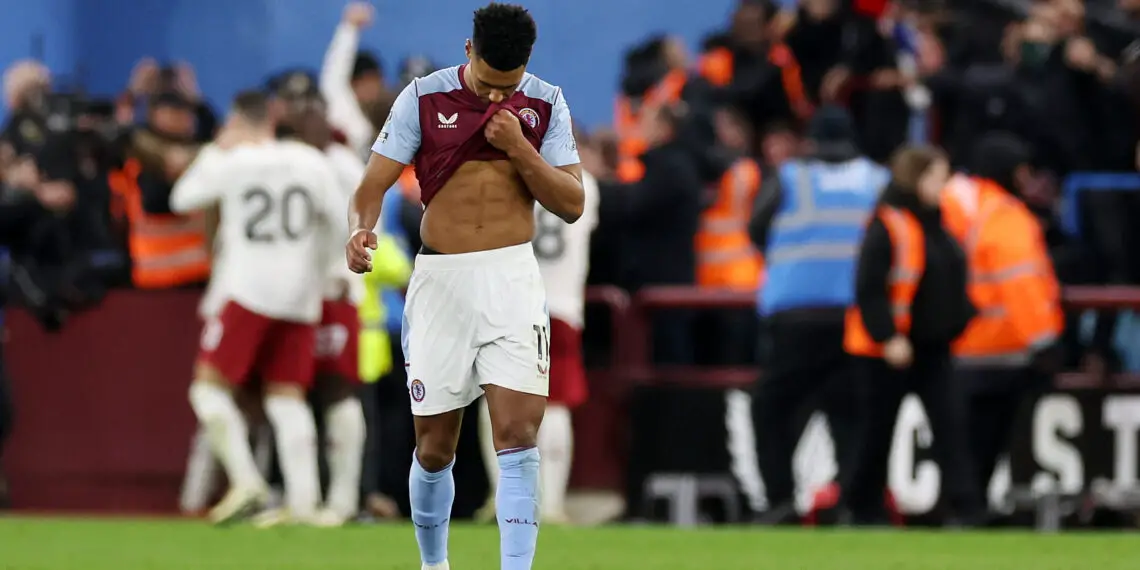 BIRMINGHAM, ENGLAND - FEBRUARY 11: Ollie Watkins of Aston Villa looks dejected after conceding his team's second goal which was scored by Scott McTominay of Manchester United (not pictured) during the Premier League match between Aston Villa and Manchester United at Villa Park on February 11, 2024 in Birmingham, England. (Photo by Catherine Ivill/Getty Images)