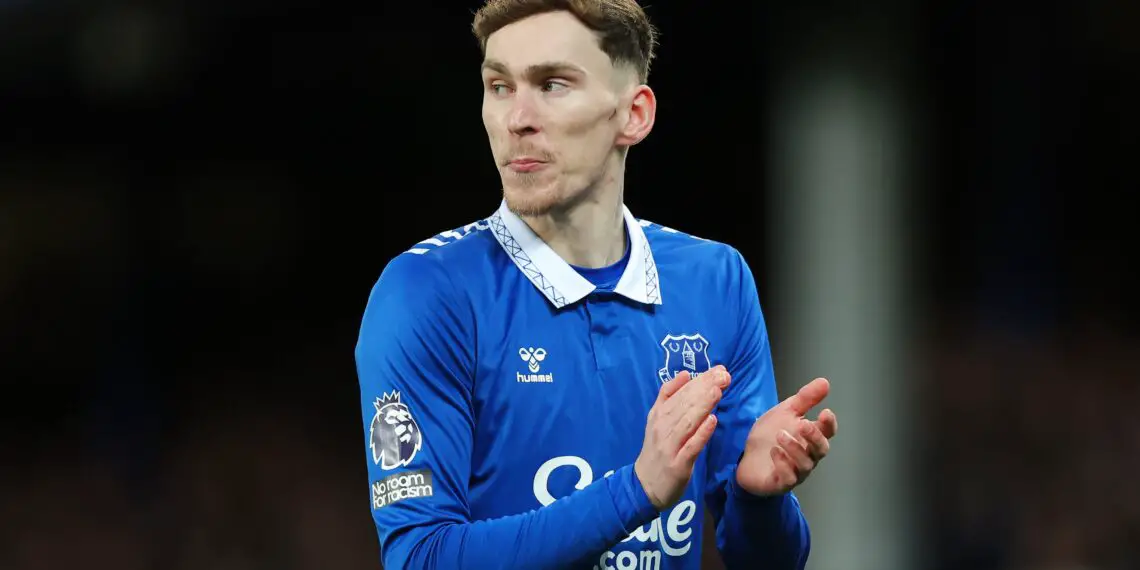 LIVERPOOL, ENGLAND - FEBRUARY 19: James Garner of Everton acknowledges the crowd during the Premier League match between Everton FC and Crystal Palace at Goodison Park on February 19, 2024 in Liverpool, England. (Photo by Matt McNulty/Getty Images)